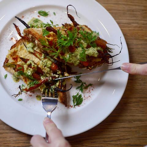 Felicity Spector's smashed chickpea, honey-roasted carrot & green tahini on toast