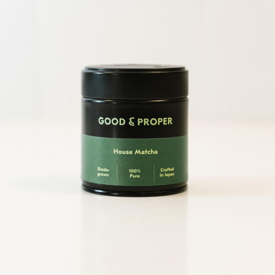 Green and black 30 gram tin of Good & Proper House Matcha