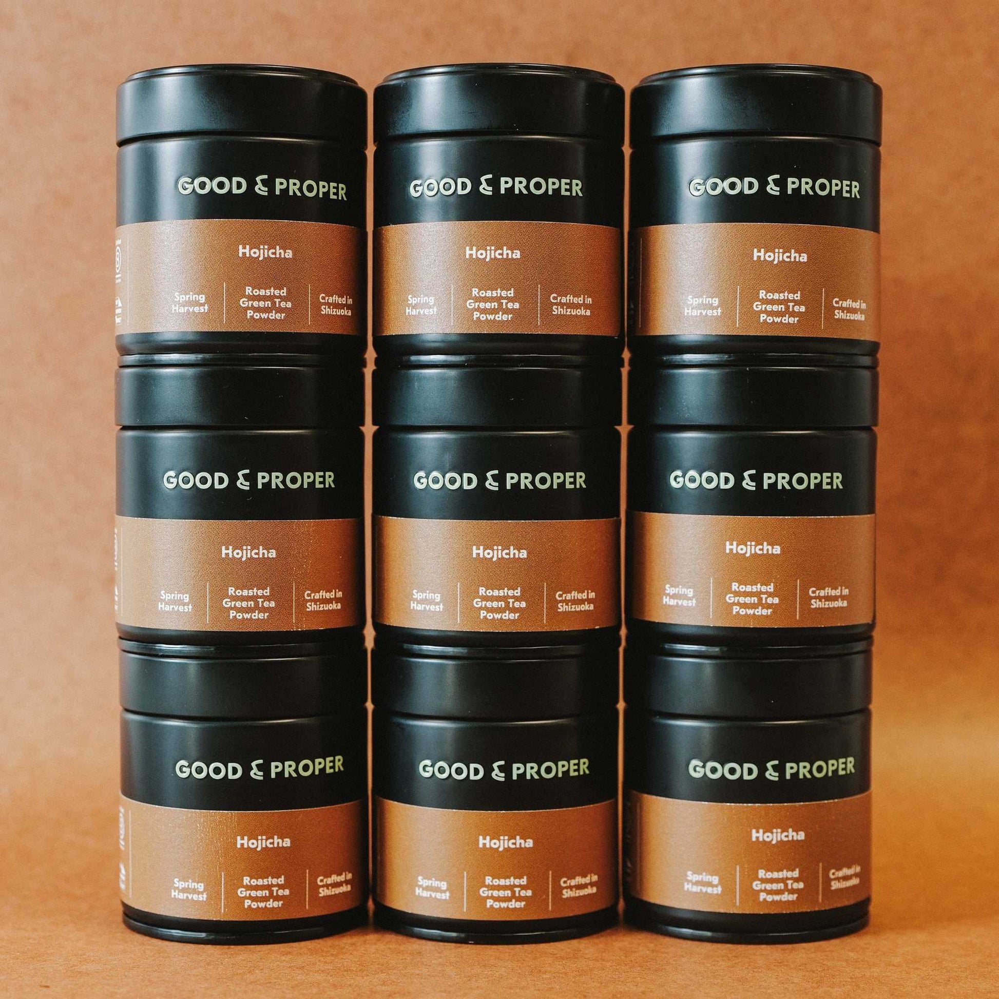 A collection of tins of Hojicha powder