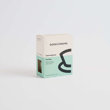 Box of Good & Proper Lemongrass tea bags on a white background